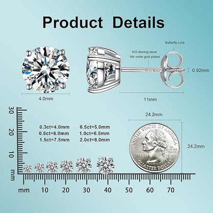 1-8 carats Classic Round Lab-Created Diamond Stud Earrings - Secure 4-Prong & Hypoallergenic